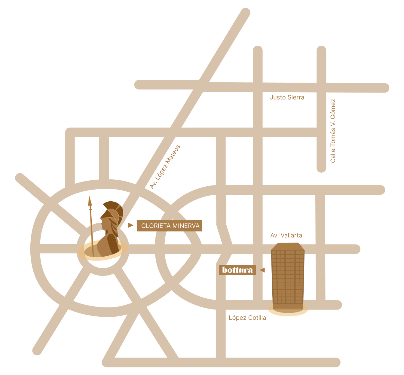 Mapa ilustrado de la ubicación de Bottura: sobre López Cotilla, junto a Av. Vallarta y a 1.1 km de la Glorieta Minerva, Guadalajara